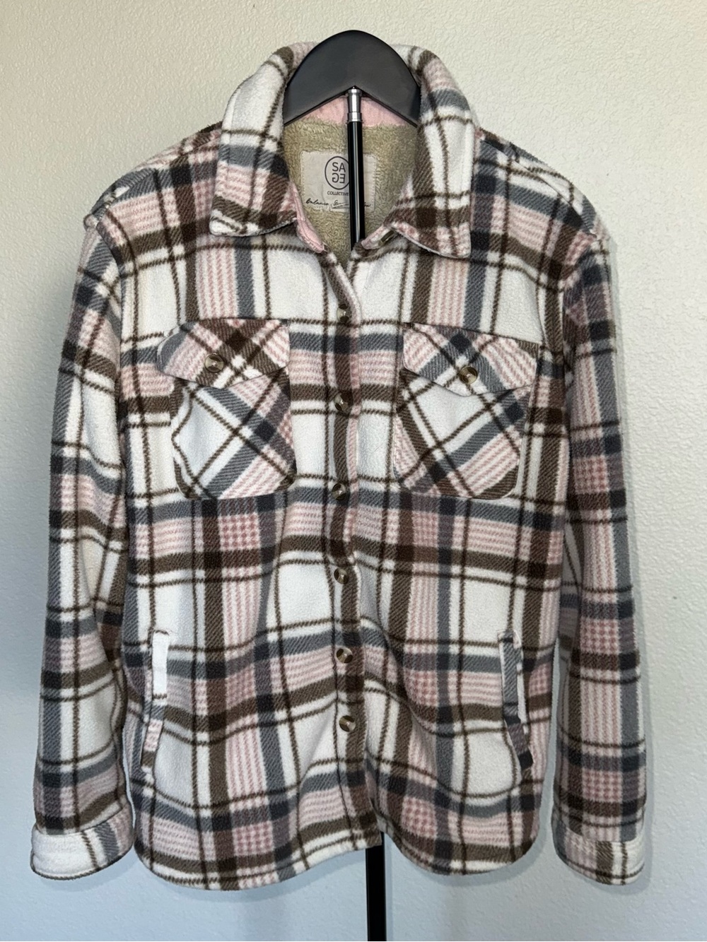 Sage Plaid Teddy Jacket in Pink, Brown & Cream